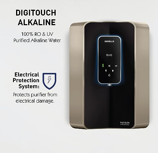 Havells Digitouch Alkaline Water Purifier, SMART TOUCH water dispense, Copper+Zinc+Alkaline natural minerals, 8 stage Purification, 6L tank, Double UV Purification tech.(RO+UV) (Champagne & Black)(OPEN BOX) Havells Digitouch Alkaline Water Purifier, SMART TOUCH water dispense, Copper+Zinc+Alkaline natural minerals, 8 stage Purification, 6L tank, Double UV Purification tech.(RO+UV) (Champagne & Black)(OPEN BOX)